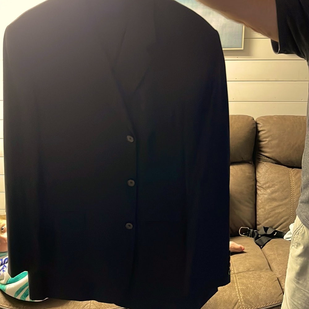 Men’s suit by Fellini Uomo. Worn once black with white shirt and striped tie